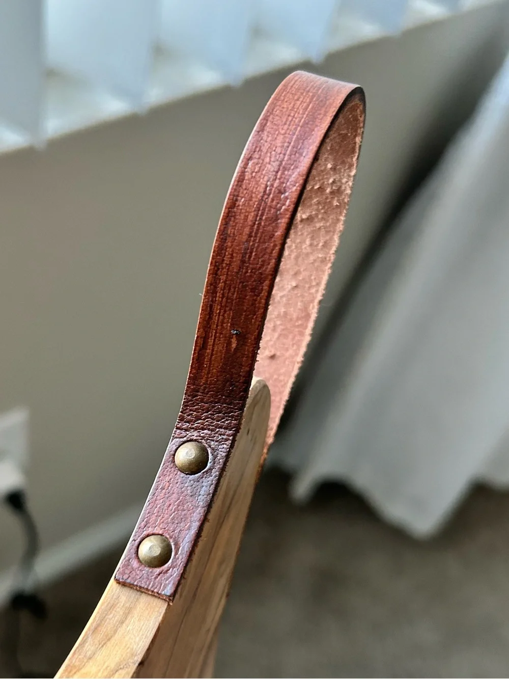 Crate&Barrel Olive Wood Serving Board with Brown Leather Loop